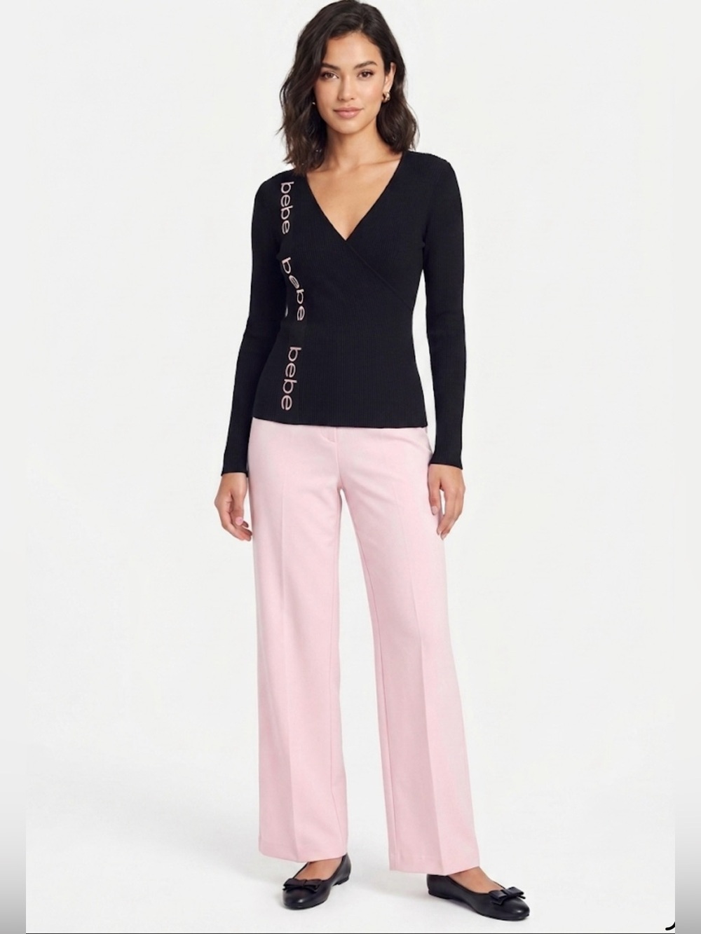 Bebe Ribbed Wrap-Front Long Sleeve Top Black & Pink Logo Size M